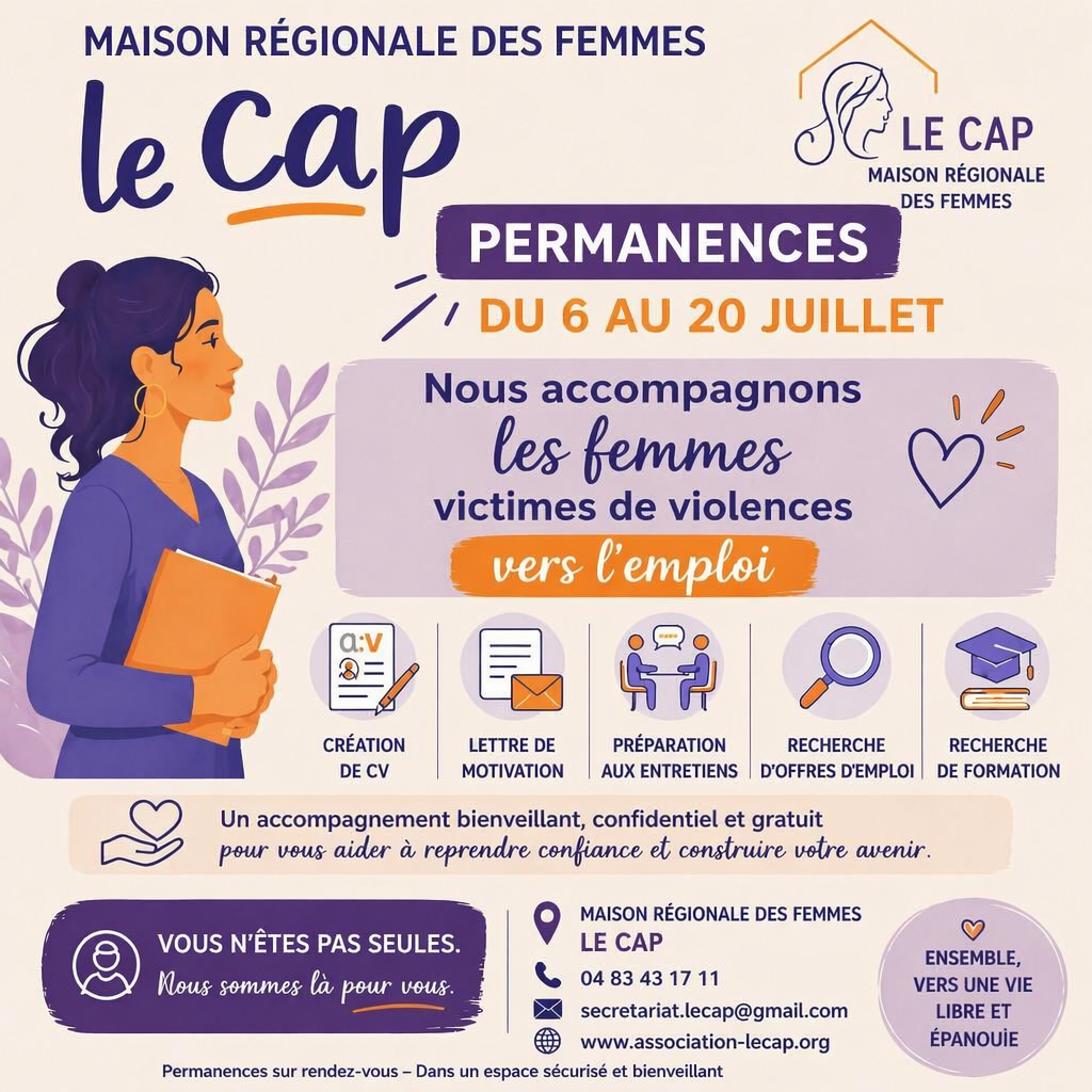 Affiche-Permanences-3 Du 6 au 20 juillet inclus :  Accompagnement vers l'insertion professionnelle des femmes victimes de violences sexistes